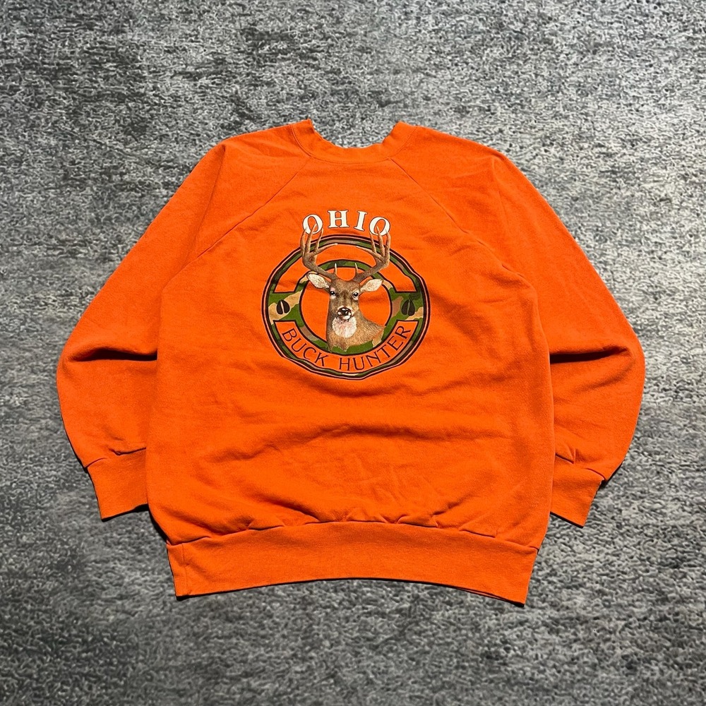 Vintage 90s Ohio‎ Buck Hunter Crewneck Sweatshirt Mens XL Orange Signal Hunting